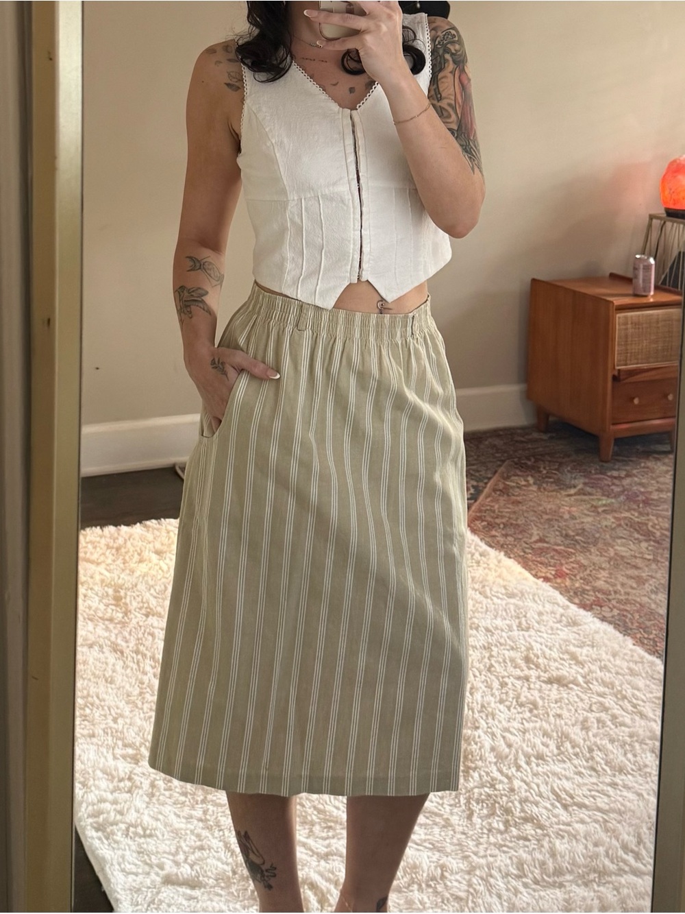 Vintage Cotton Pinstriped Khaki Elastic Midi Skirt